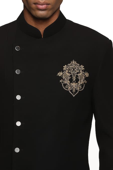 Shop_Paresh Lamba Signatures_Black Cupro Embroidered Floral Attached Side Drape Bandhgala  _Online_at_Aza_Fashions