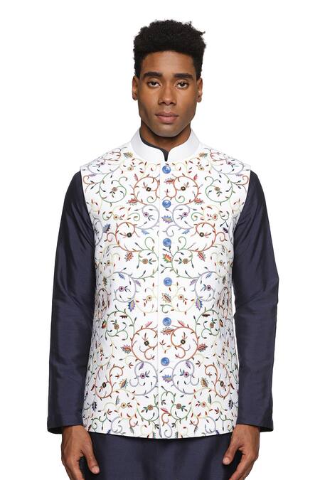 Paresh Lamba Signatures_White Polyester Silk Embroidered Floral Jaal Bundi _at_Aza_Fashions