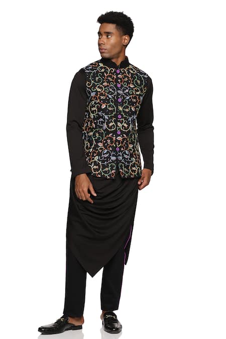 Paresh Lamba Signatures Black Polyester Silk Embroidered Floral Jaal Bundi 