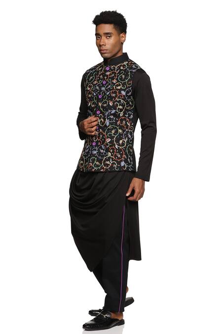Buy_Paresh Lamba Signatures_Black Polyester Silk Embroidered Floral Jaal Bundi _Online_at_Aza_Fashions
