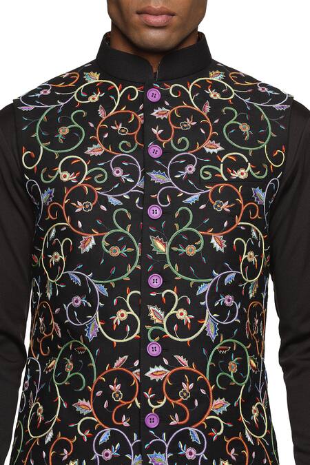 Shop_Paresh Lamba Signatures_Black Polyester Silk Embroidered Floral Jaal Bundi _Online_at_Aza_Fashions