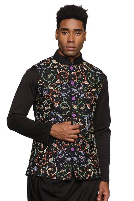 Paresh Lamba Signatures_Black Polyester Silk Embroidered Floral Jaal Bundi _at_Aza_Fashions