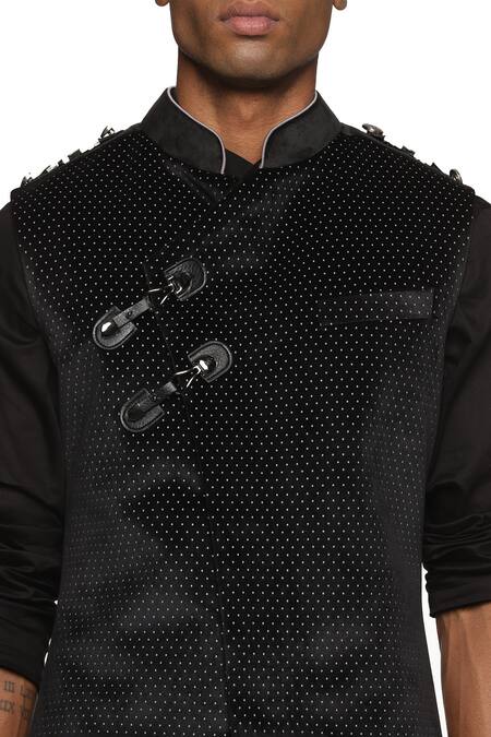 Shop_Paresh Lamba Signatures_Black Velvet Dot Pattern Bundi _Online_at_Aza_Fashions
