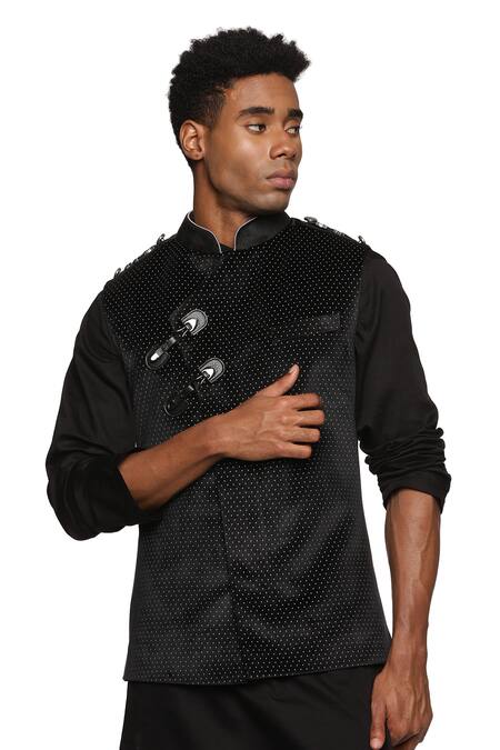 Paresh Lamba Signatures_Black Velvet Dot Pattern Bundi _at_Aza_Fashions