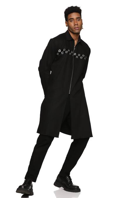 Paresh Lamba Signatures_Black Denim Embroidered Geometric Placement Kurta  _Online_at_Aza_Fashions