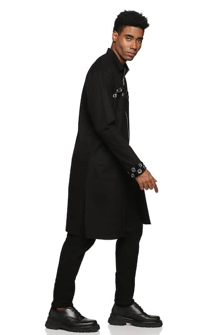 Buy_Paresh Lamba Signatures_Black Denim Embroidered Geometric Placement Kurta  _Online_at_Aza_Fashions