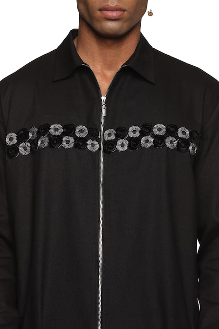 Shop_Paresh Lamba Signatures_Black Denim Embroidered Geometric Placement Kurta  _Online_at_Aza_Fashions