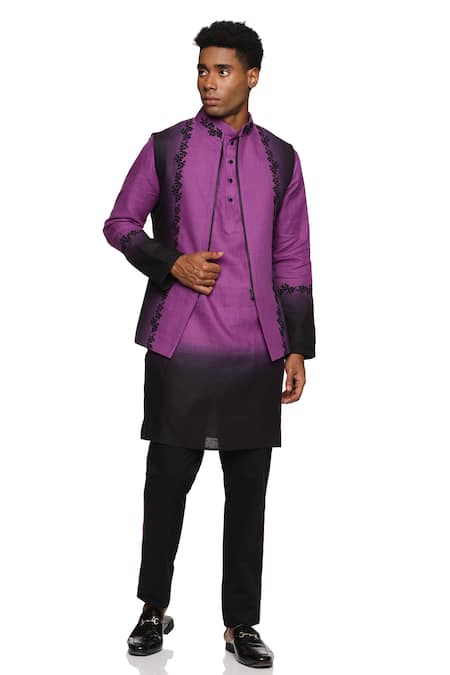 Paresh Lamba Signatures Purple Linen Embroidered Floral Bundi Kurta Set 
