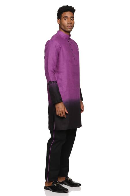 Buy_Paresh Lamba Signatures_Purple Linen Embroidered Floral Bundi Kurta Set _Online_at_Aza_Fashions