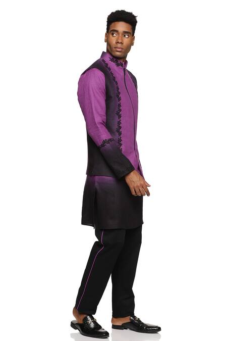 Paresh Lamba Signatures_Purple Linen Embroidered Floral Bundi Kurta Set _at_Aza_Fashions