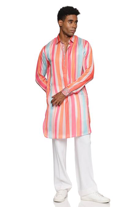 Paresh Lamba Signatures_Multi Color Satin, Silk Stripe Print Short Kurta_Online_at_Aza_Fashions
