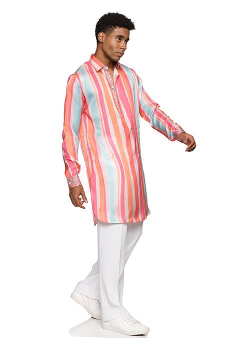 Buy_Paresh Lamba Signatures_Multi Color Satin, Silk Stripe Print Short Kurta_Online_at_Aza_Fashions