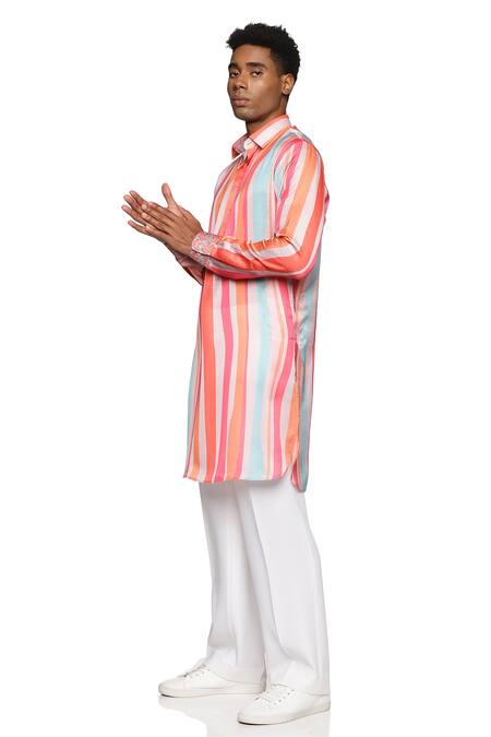 Shop_Paresh Lamba Signatures_Multi Color Satin, Silk Stripe Print Short Kurta_Online_at_Aza_Fashions