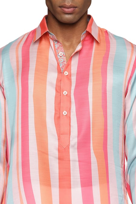 Paresh Lamba Signatures_Multi Color Satin, Silk Stripe Print Short Kurta_at_Aza_Fashions