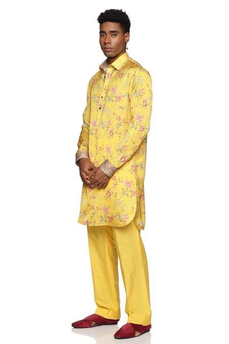 Paresh Lamba Signatures_Yellow Satin, Silk Embroidery Floral Print Short Kurta_Online_at_Aza_Fashions