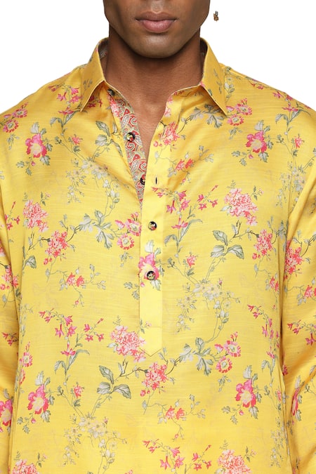 Shop_Paresh Lamba Signatures_Yellow Satin, Silk Embroidery Floral Print Short Kurta_Online_at_Aza_Fashions