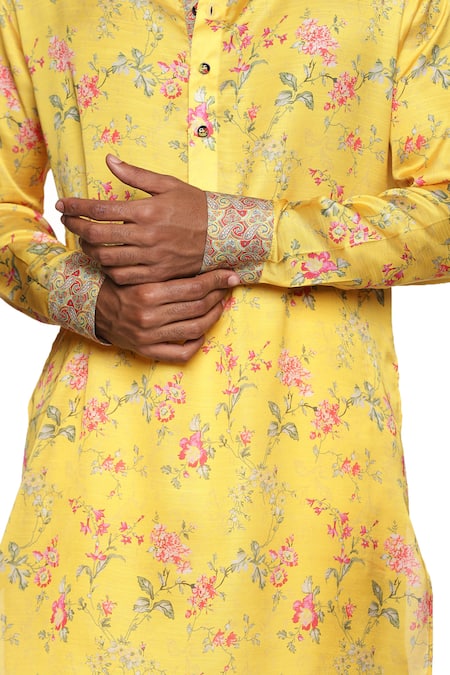 Paresh Lamba Signatures_Yellow Satin, Silk Embroidery Floral Print Short Kurta_at_Aza_Fashions