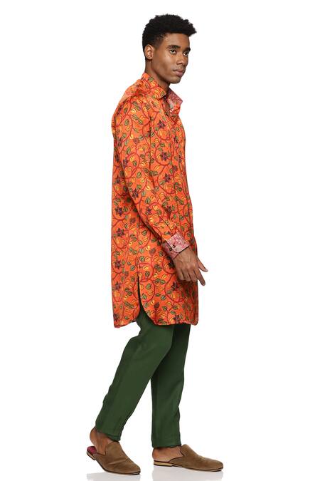 Paresh Lamba Signatures_Orange Satin Silk Printed Foliage Kurta_Online_at_Aza_Fashions