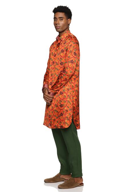 Buy_Paresh Lamba Signatures_Orange Satin Silk Printed Foliage Kurta_Online_at_Aza_Fashions