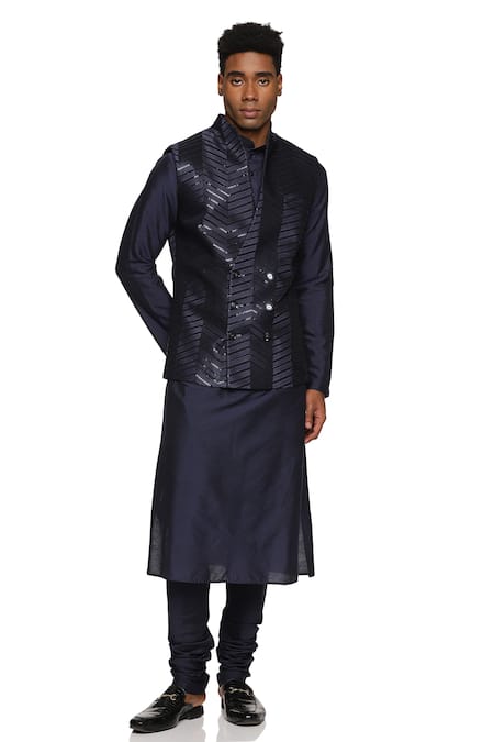 Paresh Lamba Signatures Blue Polyester Sequins Chevron Embroidered Bundi 