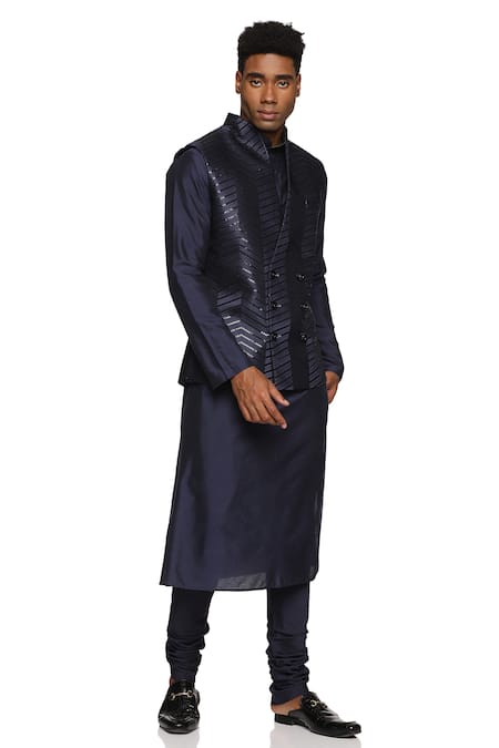 Paresh Lamba Signatures_Blue Polyester Sequins Chevron Embroidered Bundi _Online_at_Aza_Fashions