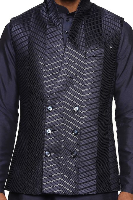 Paresh Lamba Signatures_Blue Polyester Sequins Chevron Embroidered Bundi _at_Aza_Fashions