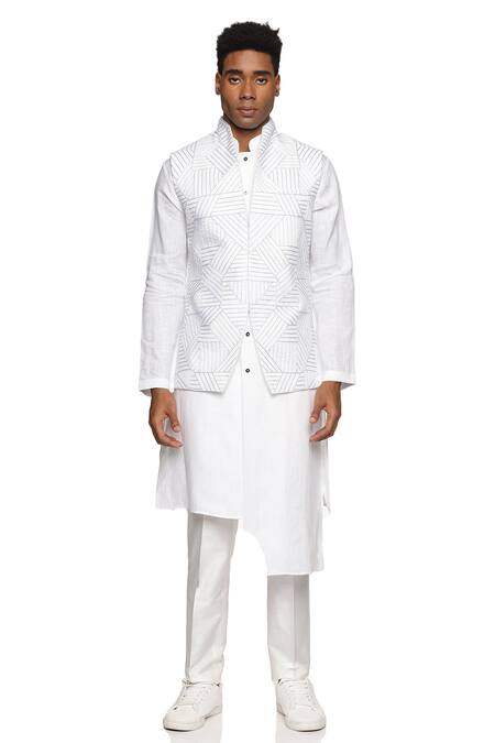 Paresh Lamba Signatures_White Linen Embroidered Geometric Bundi _Online_at_Aza_Fashions
