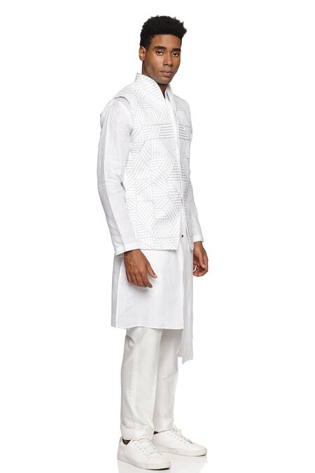 Buy_Paresh Lamba Signatures_White Linen Embroidered Geometric Bundi _Online_at_Aza_Fashions