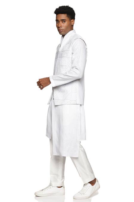 Shop_Paresh Lamba Signatures_White Linen Embroidered Geometric Bundi _Online_at_Aza_Fashions