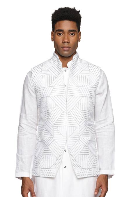 Paresh Lamba Signatures_White Linen Embroidered Geometric Bundi _at_Aza_Fashions