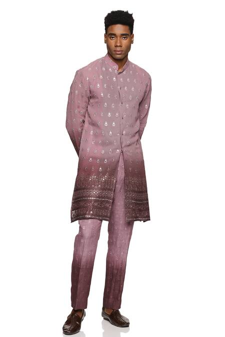 Buy_Paresh Lamba Signatures_Purple Georgette, Linen Mirrors, Embroidery Mirrorwork Kurta With Pant_Online_at_Aza_Fashions