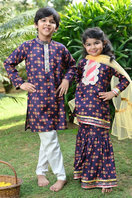 The Plum Bum_Blue Muslin, Net Gota Patti Embellished Kurta Sharara Set _Online_at_Aza_Fashions