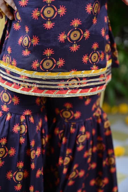 Buy_The Plum Bum_Blue Muslin, Net Gota Patti Embellished Kurta Sharara Set _Online_at_Aza_Fashions