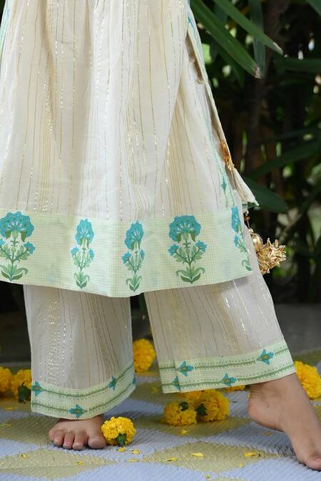 Buy_The Plum Bum_Ivory Cotton, Net Embroidery Floral Pattern Long Kurta Pant Set _Online_at_Aza_Fashions