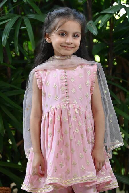 The Plum Bum_Pink Silk, Net Embroidery Floral Kurta Sharara Set_Online_at_Aza_Fashions