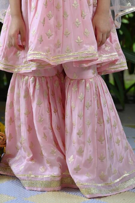 Buy_The Plum Bum_Pink Silk, Net Embroidery Floral Kurta Sharara Set_Online_at_Aza_Fashions
