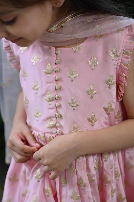 Shop_The Plum Bum_Pink Silk, Net Embroidery Floral Kurta Sharara Set_Online_at_Aza_Fashions