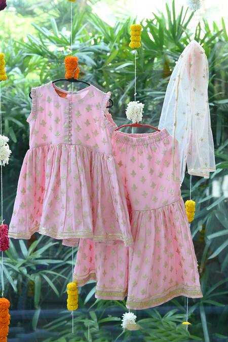 The Plum Bum_Pink Silk, Net Embroidery Floral Kurta Sharara Set_at_Aza_Fashions