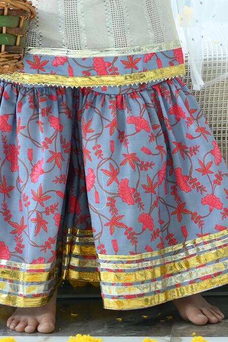 The Plum Bum_Ivory Cotton, Net Gota Patti Embroidered Kurta Sharara Set _Online_at_Aza_Fashions