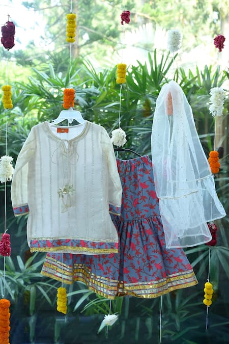 Buy_The Plum Bum_Ivory Cotton, Net Gota Patti Embroidered Kurta Sharara Set _Online_at_Aza_Fashions