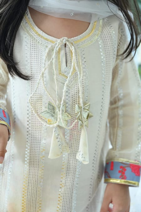 Shop_The Plum Bum_Ivory Cotton, Net Gota Patti Embroidered Kurta Sharara Set _Online_at_Aza_Fashions