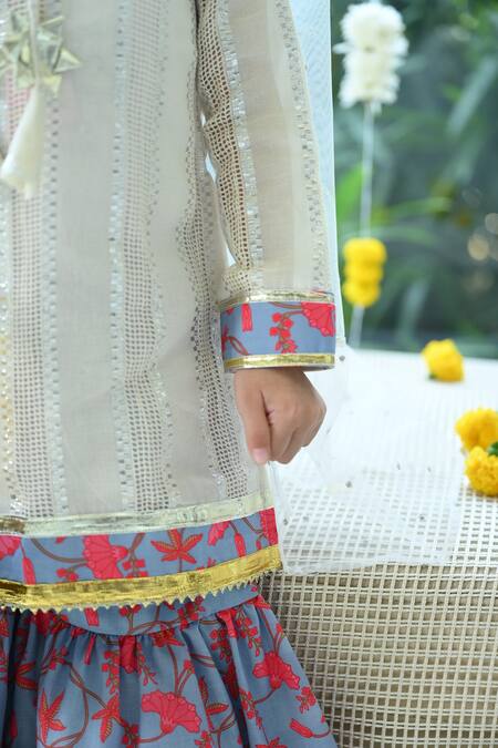 The Plum Bum_Ivory Cotton, Net Gota Patti Embroidered Kurta Sharara Set _at_Aza_Fashions