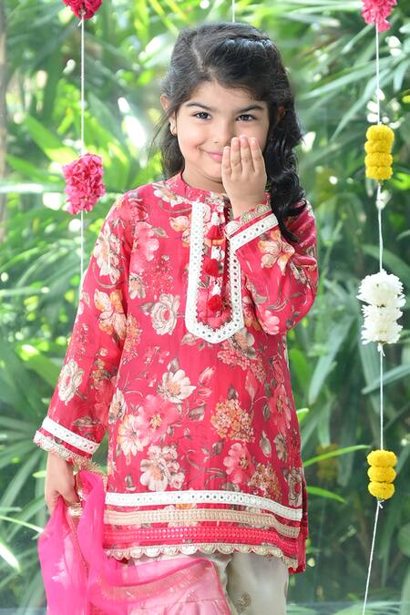 The Plum Bum Pink Muslin, Tissue, Net Lace, Tassels, Floral Print Kurta Sharara Set Online at Aza Fashions The Plum Bum_Pink Muslin, Tissue, Net Lace, Tassels, Floral Print Kurta Sharara Set _Online_at_Aza_Fashions