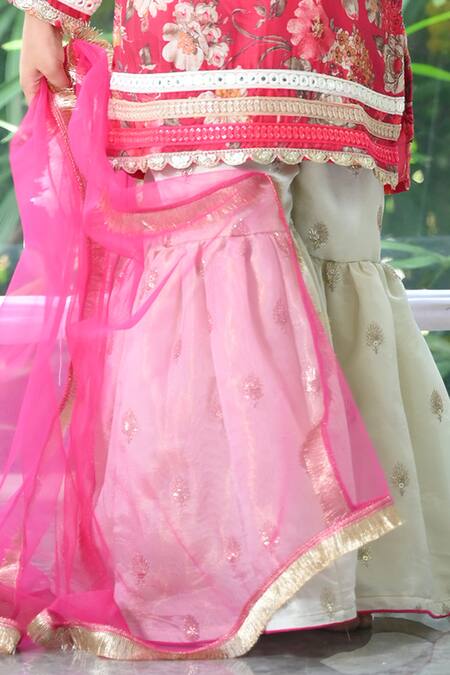 Buy The Plum Bum Pink Muslin, Tissue, Net Lace, Tassels, Floral Print Kurta Sharara Set Online at Aza Fashions Buy_The Plum Bum_Pink Muslin, Tissue, Net Lace, Tassels, Floral Print Kurta Sharara Set _Online_at_Aza_Fashions