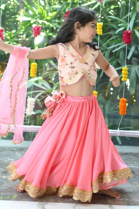 The Plum Bum_Peach Satin, Chiffon, Net Sequins, Embroidery, Fabric Scallop Lehenga Set _Online_at_Aza_Fashions