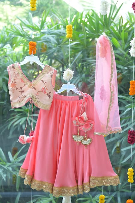 Buy_The Plum Bum_Peach Satin, Chiffon, Net Sequins, Embroidery, Fabric Scallop Lehenga Set _Online_at_Aza_Fashions