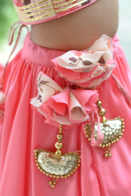 The Plum Bum_Peach Satin, Chiffon, Net Sequins, Embroidery, Fabric Scallop Lehenga Set _at_Aza_Fashions