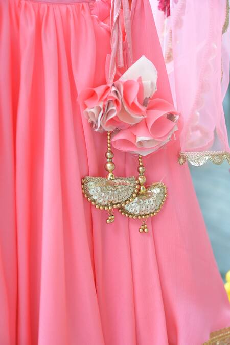 Buy_The Plum Bum_Peach Satin, Chiffon, Net Sequins, Embroidery, Fabric Scallop Lehenga Set 