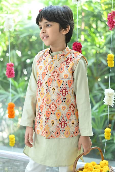 The Plum Bum Multicolor Abstract Print Bundi Kurta Set 