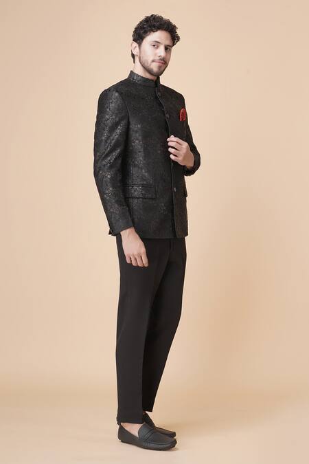 Manish Nagdeo Black Viscose Embroidery Self Embossed Bandhgala With Trouser at Aza Fashions Manish Nagdeo_Black Viscose Embroidery Self Embossed Bandhgala With Trouser _at_Aza_Fashions